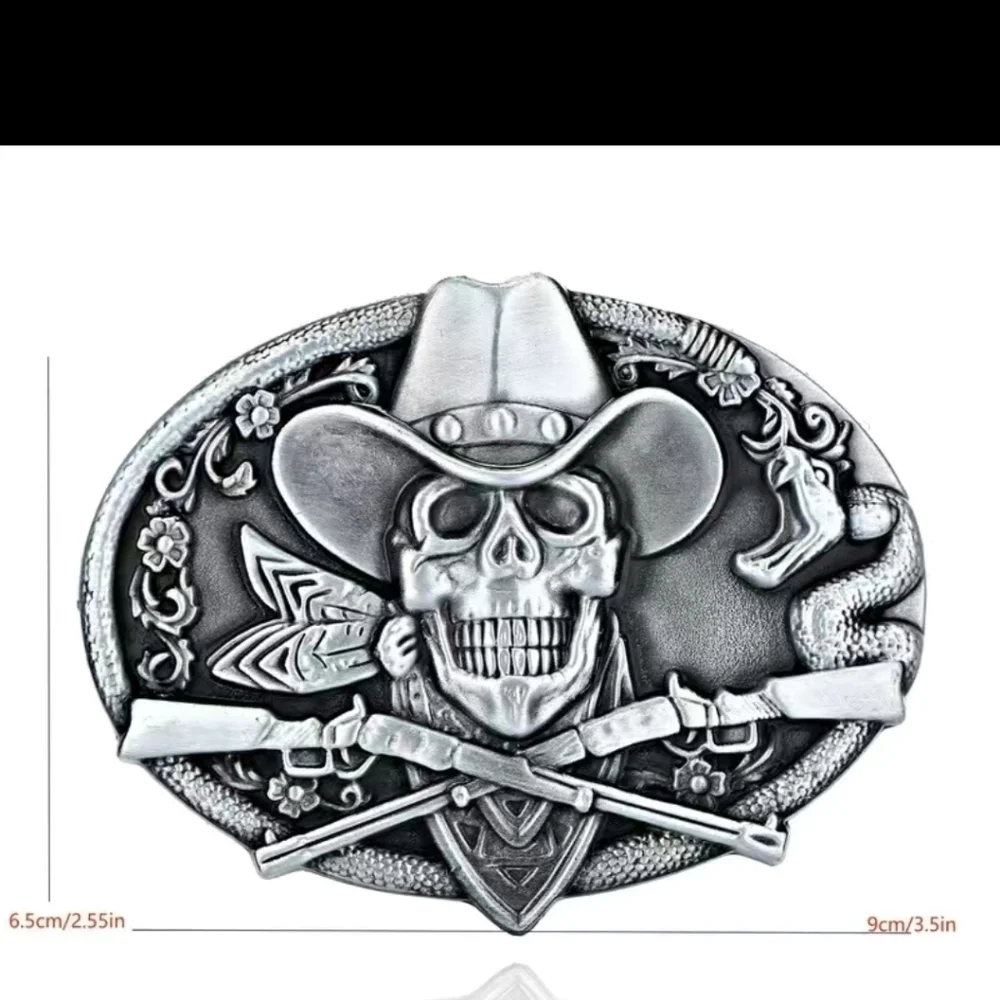New men's cowboy western skull rifle belt buckle black background